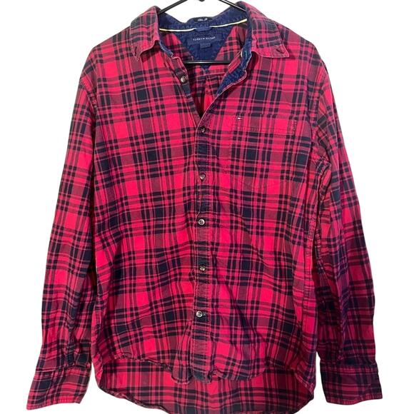 Tommy Hilfiger Red Black Plaid Button Down Shirt Men's Large L Slim Fit Winter - Picture 1 of 8